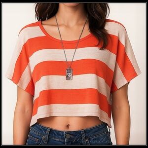 NWOT Vintage Aerpostale Orange Oatmeal Striped Knit Crop Top Belly Shirt LG L 12